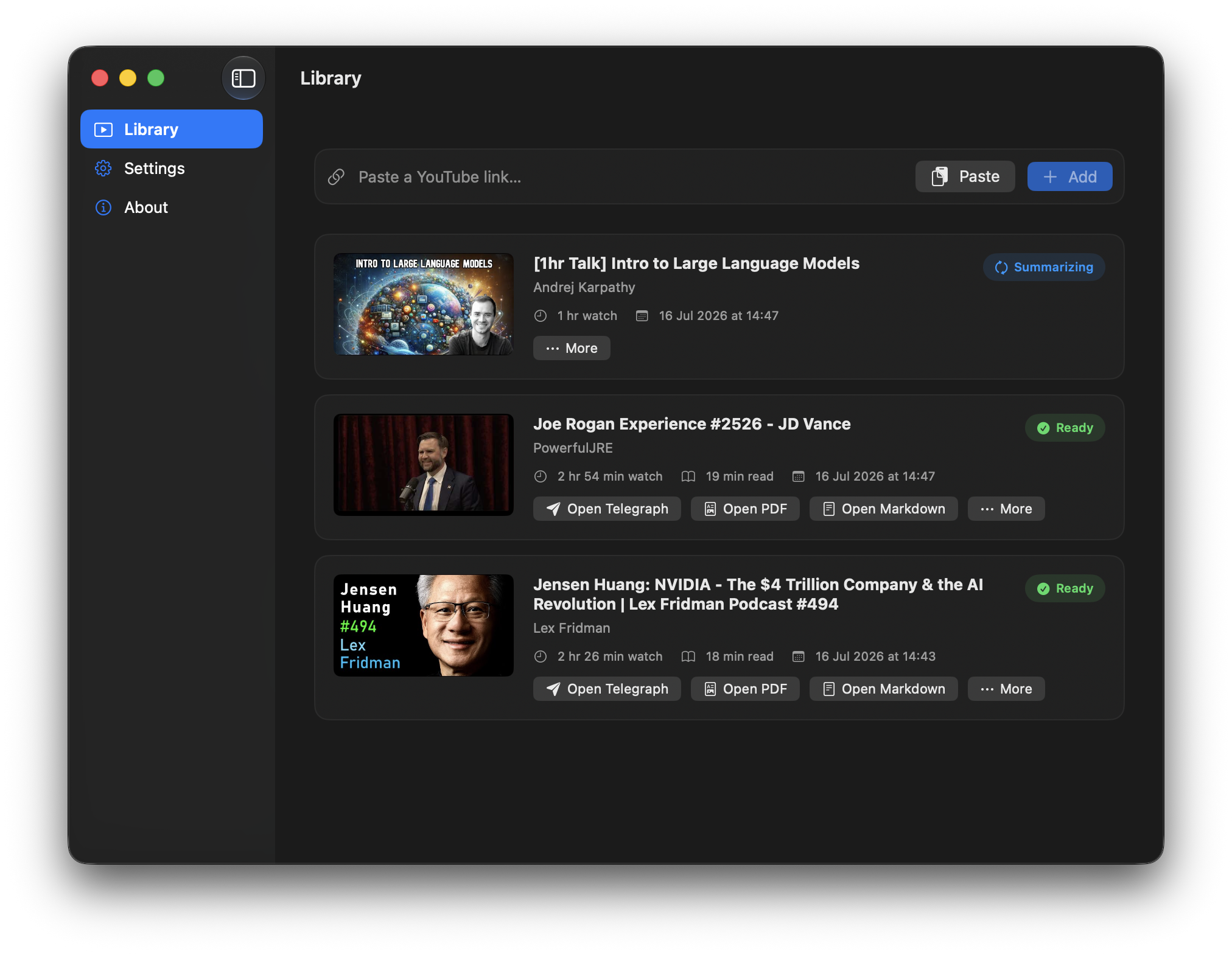 TubeFold library showing YouTube summaries that are in progress and ready to read
